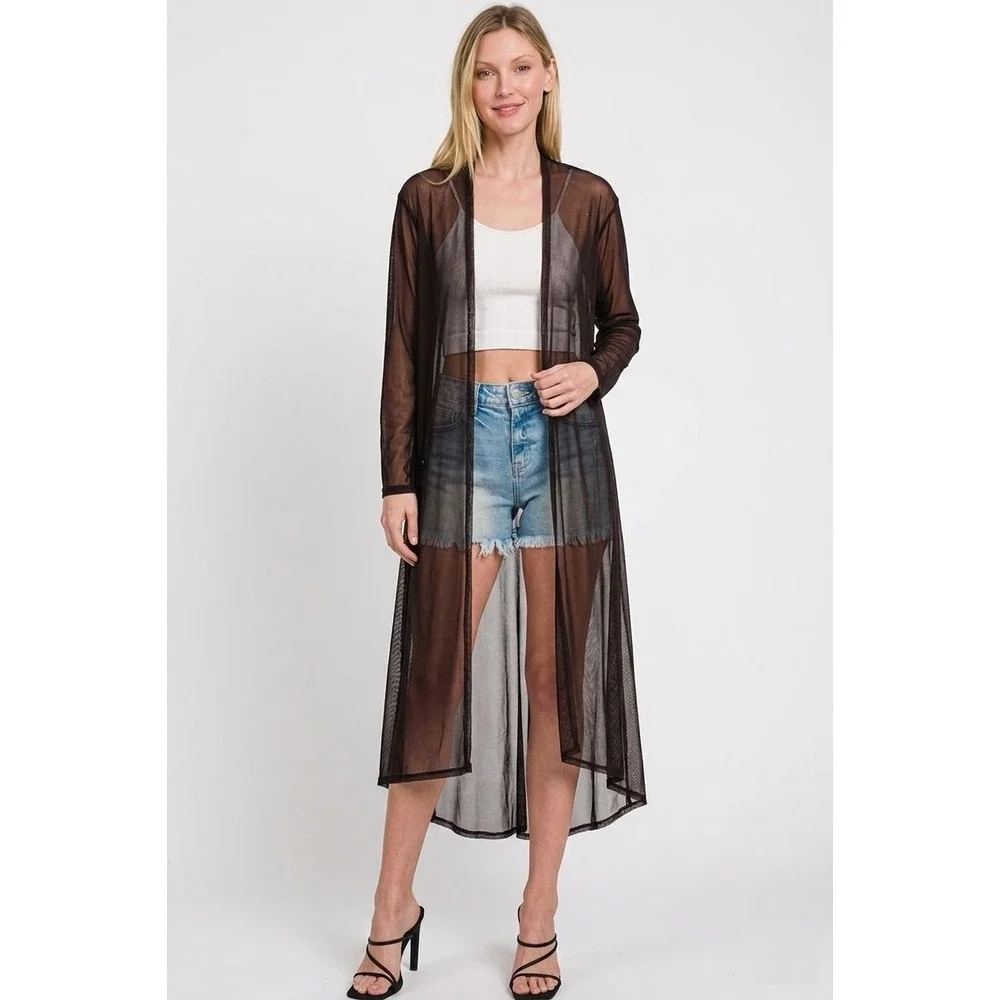 Zenana Mesh Open Front Cardigan - Black - Medium - Picture 3 of 4